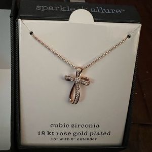 Sparkle Allure Cubic Zirconia 18K Rose Gold Over Brass 16 Inch Cross Pendant